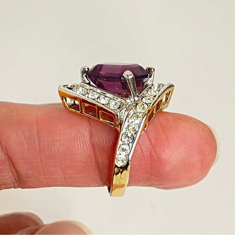 Vintage 18KGE Art Deco Style Emerald Cut Amethyst Crystal Cocktail Ring SZ 7.25 - Picture 7 of 10
